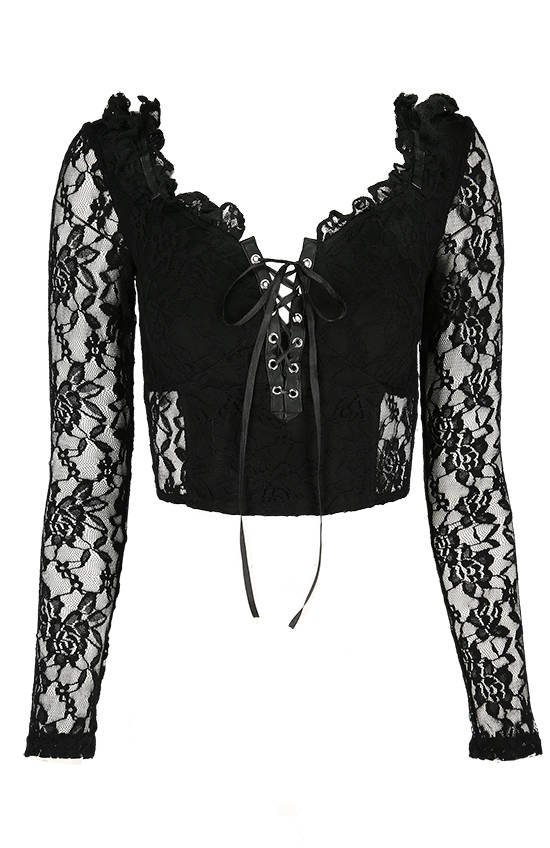 Gothic Cropped Lace Top 3XL with sweetheart neckline Schwarz