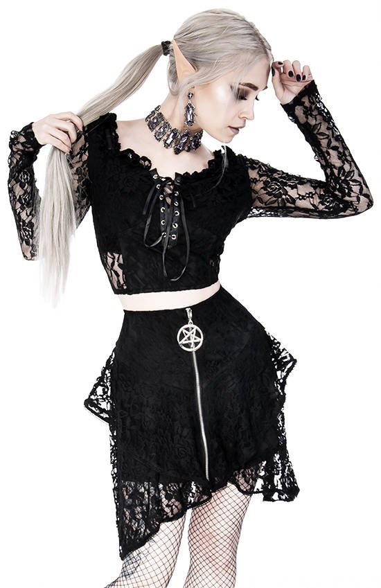Gothic Cropped Lace Top 3XL with sweetheart neckline Schwarz