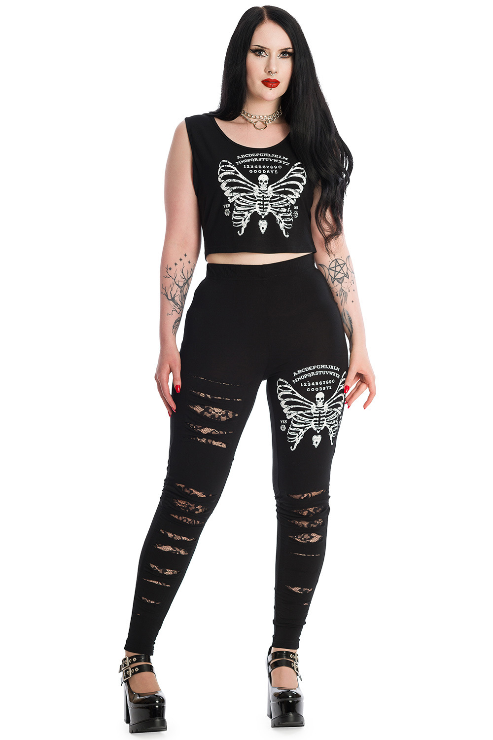 Banned Frauentop XL Schwarz Bauchfrei Skeleton Butterfly Cropped Top