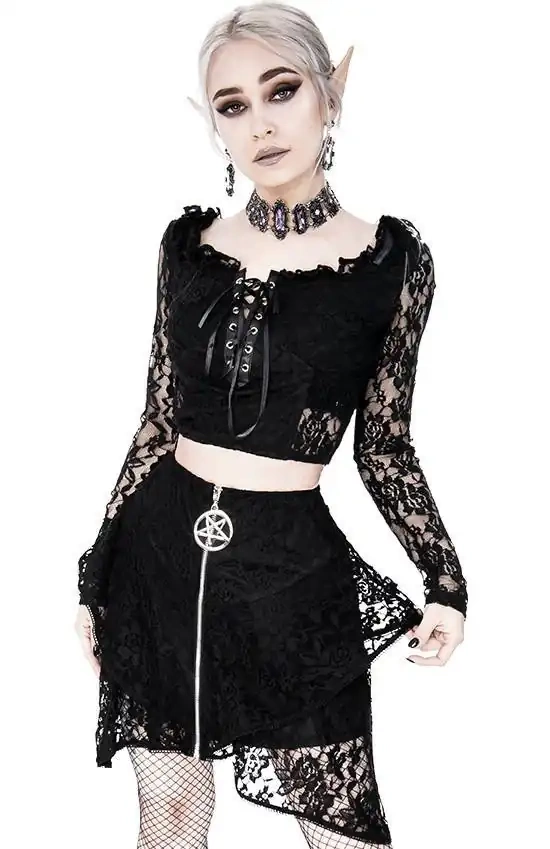 Restyle Minirock 3XL Schwarz Layered Lace Gothic Pentagram