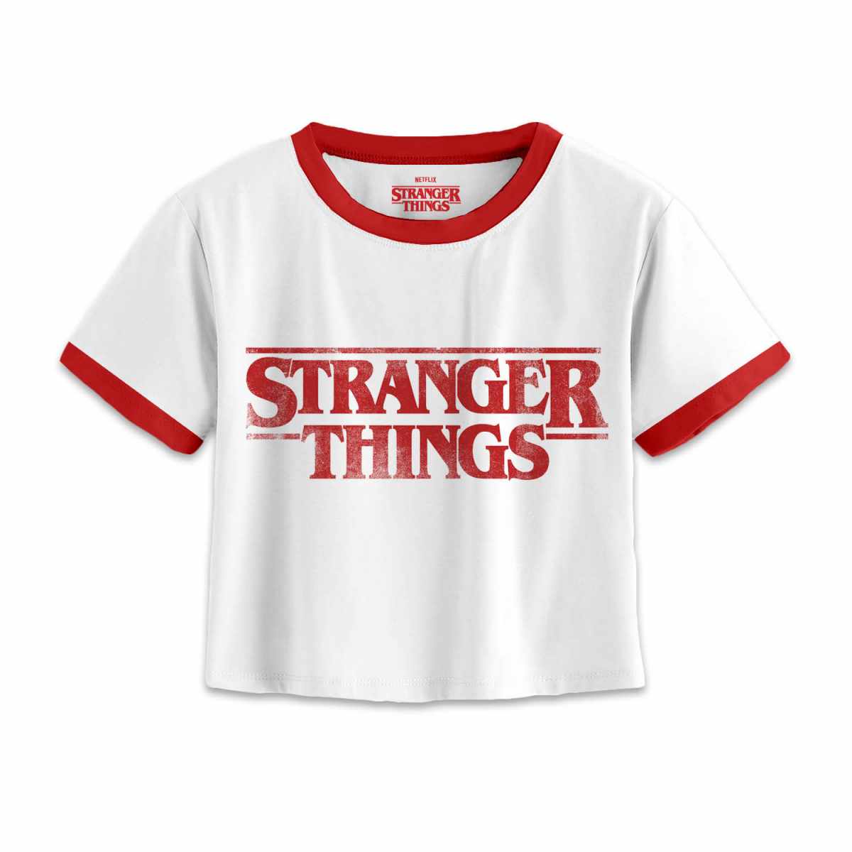 Stranger Things Crooped Top XXL Distressed Logo Weiss