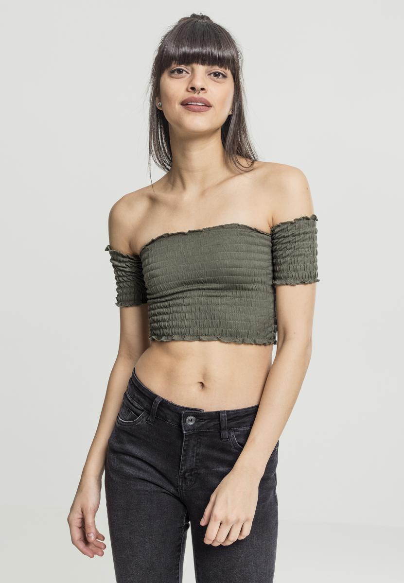 Ladies Cropped Cold Shoulder Smoke Top olive XL