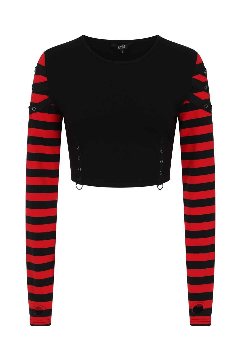 Banned Frauentop Schwarz/Rot Bauchfrei Langarm Lycoris Top