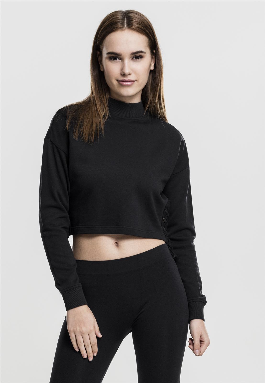 Lace Up Crewneck LS Crop Top XL Schwarz
