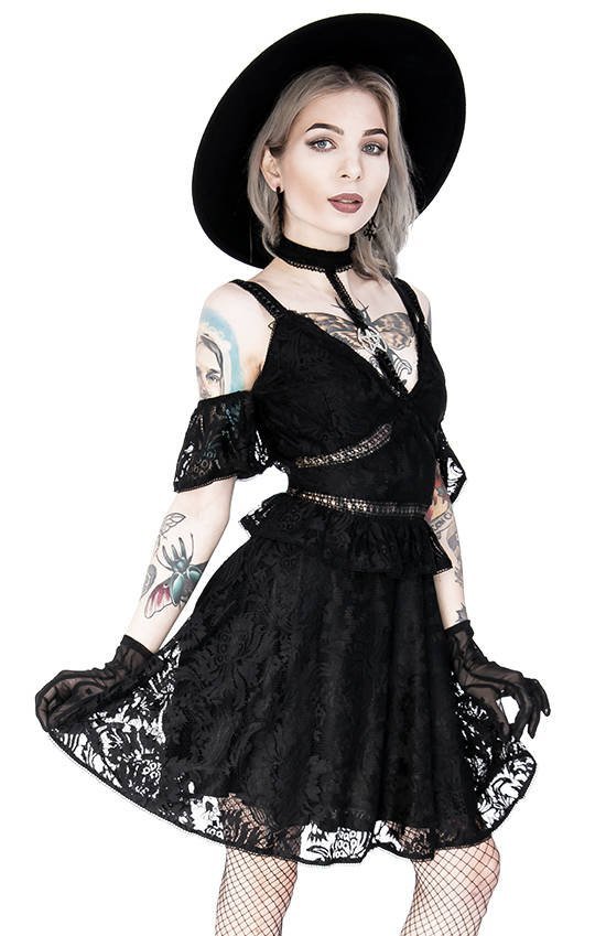 Restyle Kleid XL Schwarz mit Halsband gotisch Pentagram Lace Dress