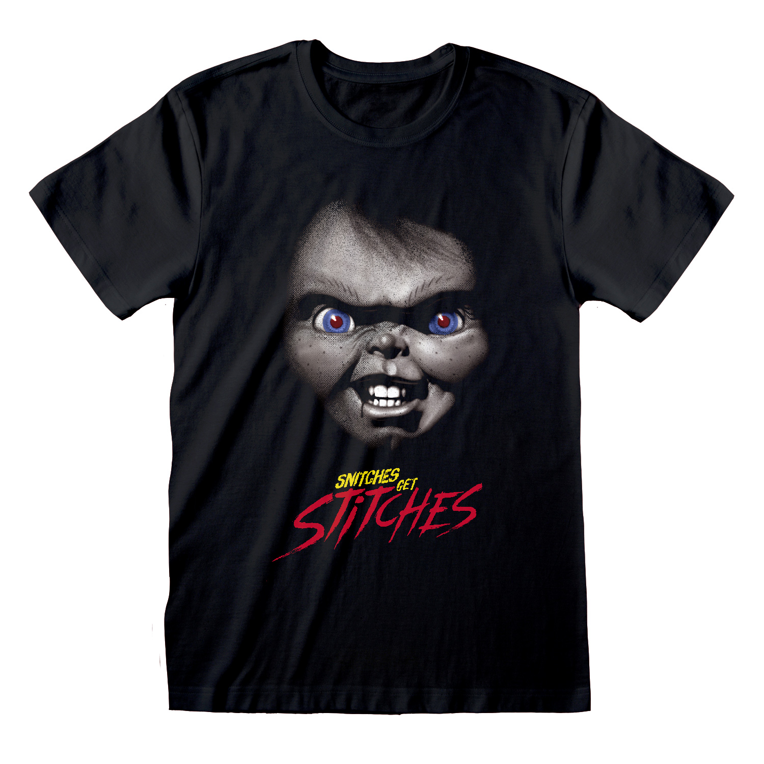 Childs Play T-Shirt L Schwarz Unisex Snitches Get Stitches