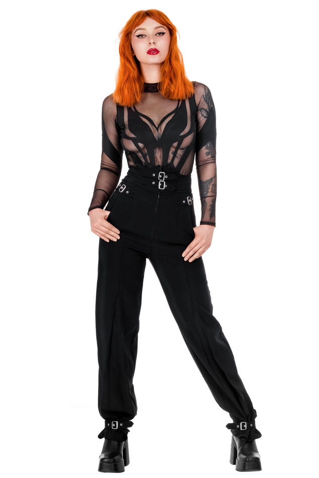 Restyle Hose XL Schwarz mit hohe Taille Buckle Up Elegant Trousers