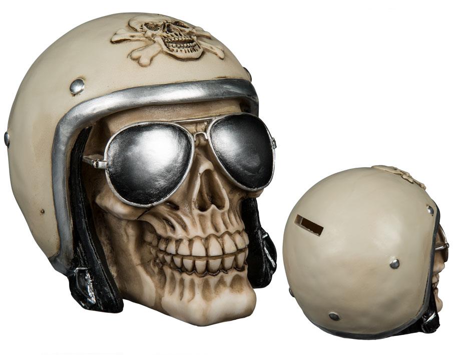 Totenkopf Spardose mit Motoradhelm und Sonnenbrille