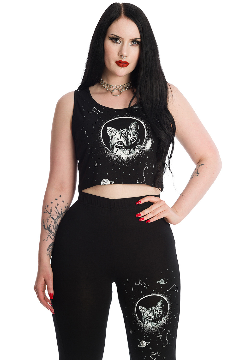Banned Frauentop XXL Schwarz Bauchfrei Space Kitty Cropped Top