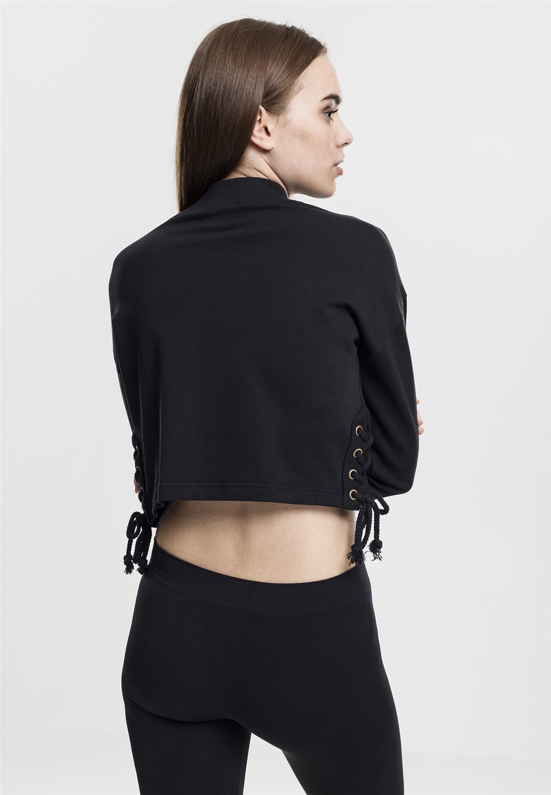 Lace Up Crewneck LS Crop Top XL Schwarz