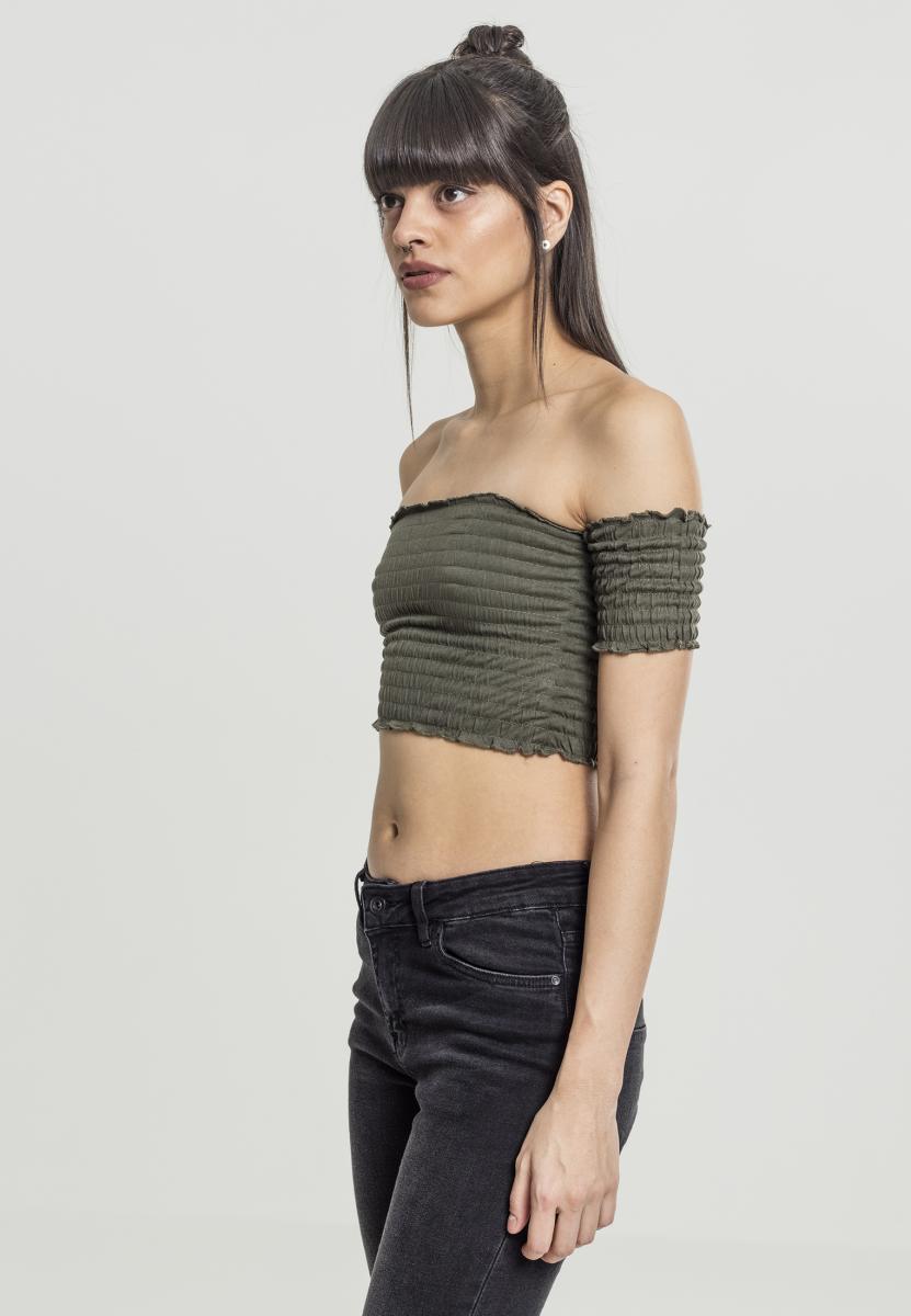 Ladies Cropped Cold Shoulder Smoke Top olive XL