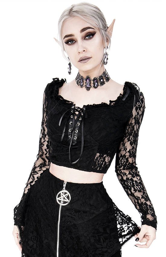 Gothic Cropped Lace Top 3XL with sweetheart neckline Schwarz