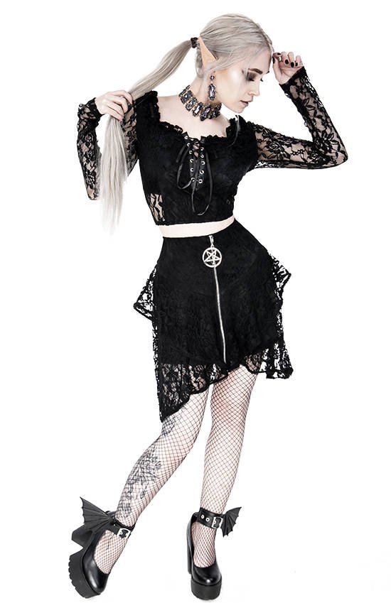 Gothic Cropped Lace Top 3XL with sweetheart neckline Schwarz