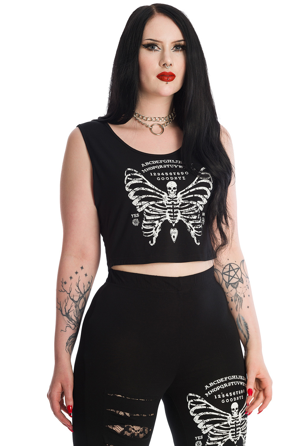 Banned Frauentop XL Schwarz Bauchfrei Skeleton Butterfly Cropped Top